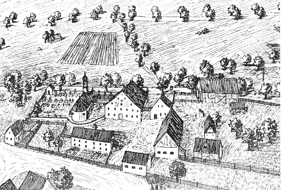 Leprosenheim in Schwabing mit der Nikolai-Kirche