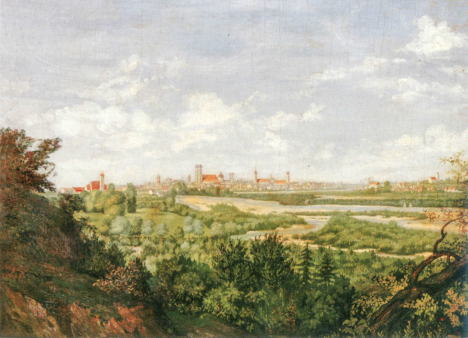 Die Isar bei Thalkirchen mit einer Gesamtansicht Münchens