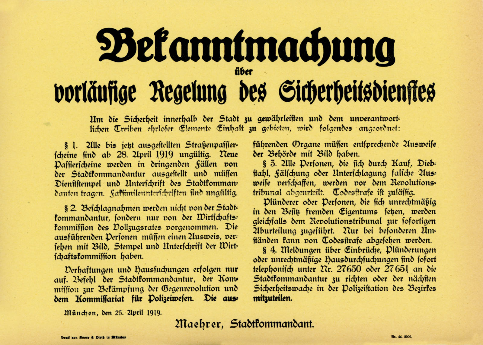 Bekanntmachung über die vorläufige Regelung des Sicherheitsdienstes