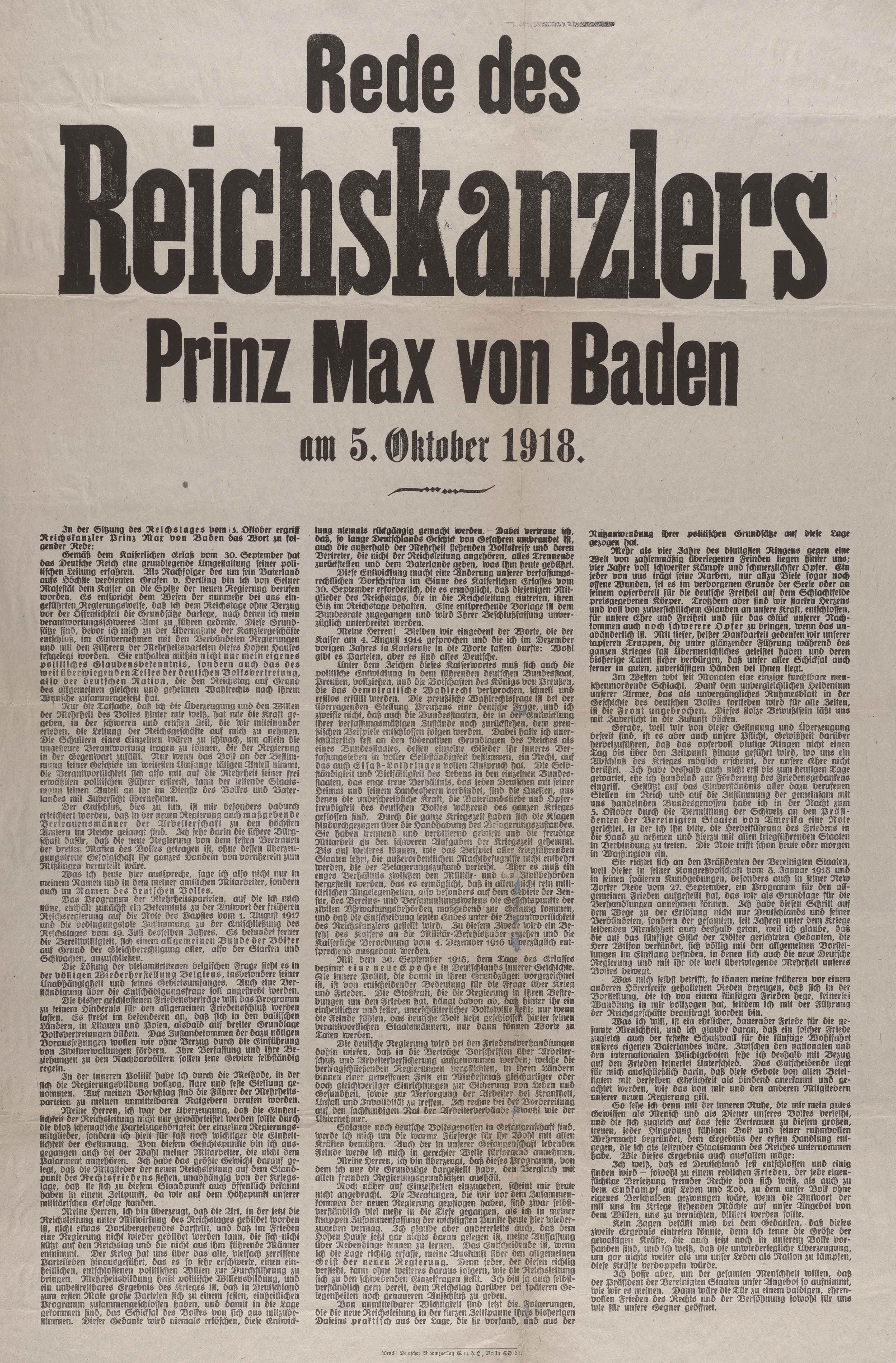 Rede des Reichskanzlers Prinz Max von Baden