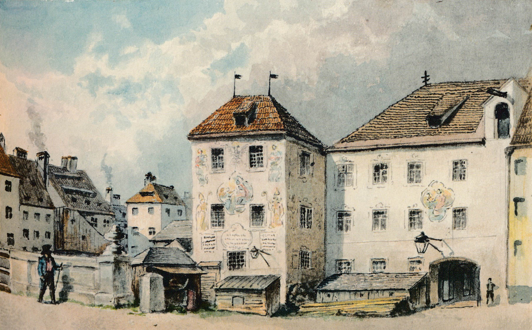 Hochbrücke im Tal und Bruderschaftshaus der Bäckenknechte