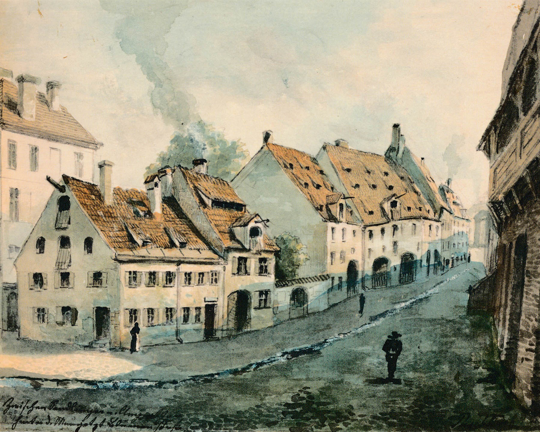 Alte Häusergruppe innerhalb der Stadtmauer am Oberanger 