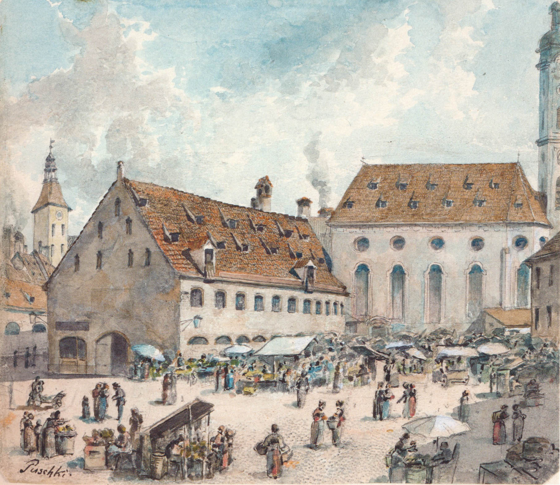 Der Viktualienmarkt mit der HI. Geist-Kirche