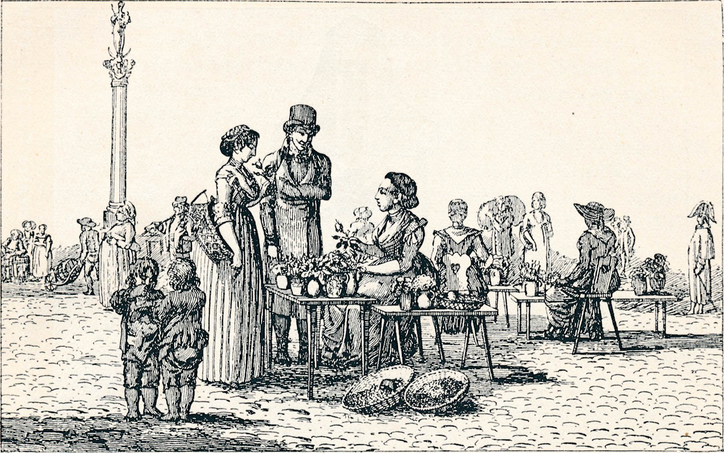 Blumenverkäuferinnen am Platz Petri, jetzt Marienplatz