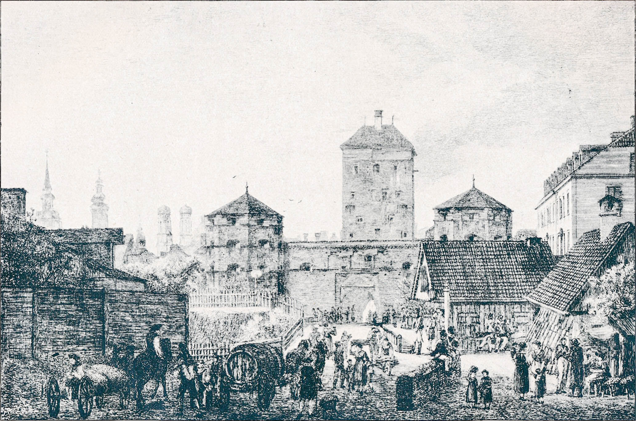 Das Isartor von der Außenseite, rechts die Torwachthäuser