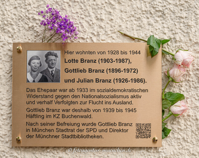 Gedenktafel - Gottlieb Branz, Lotte Branz – Denkmal/Kunstwerk in München