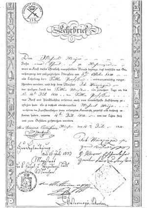 J.M. Mayer wird von der Lehre frei- und zum Gesellen gesprochen